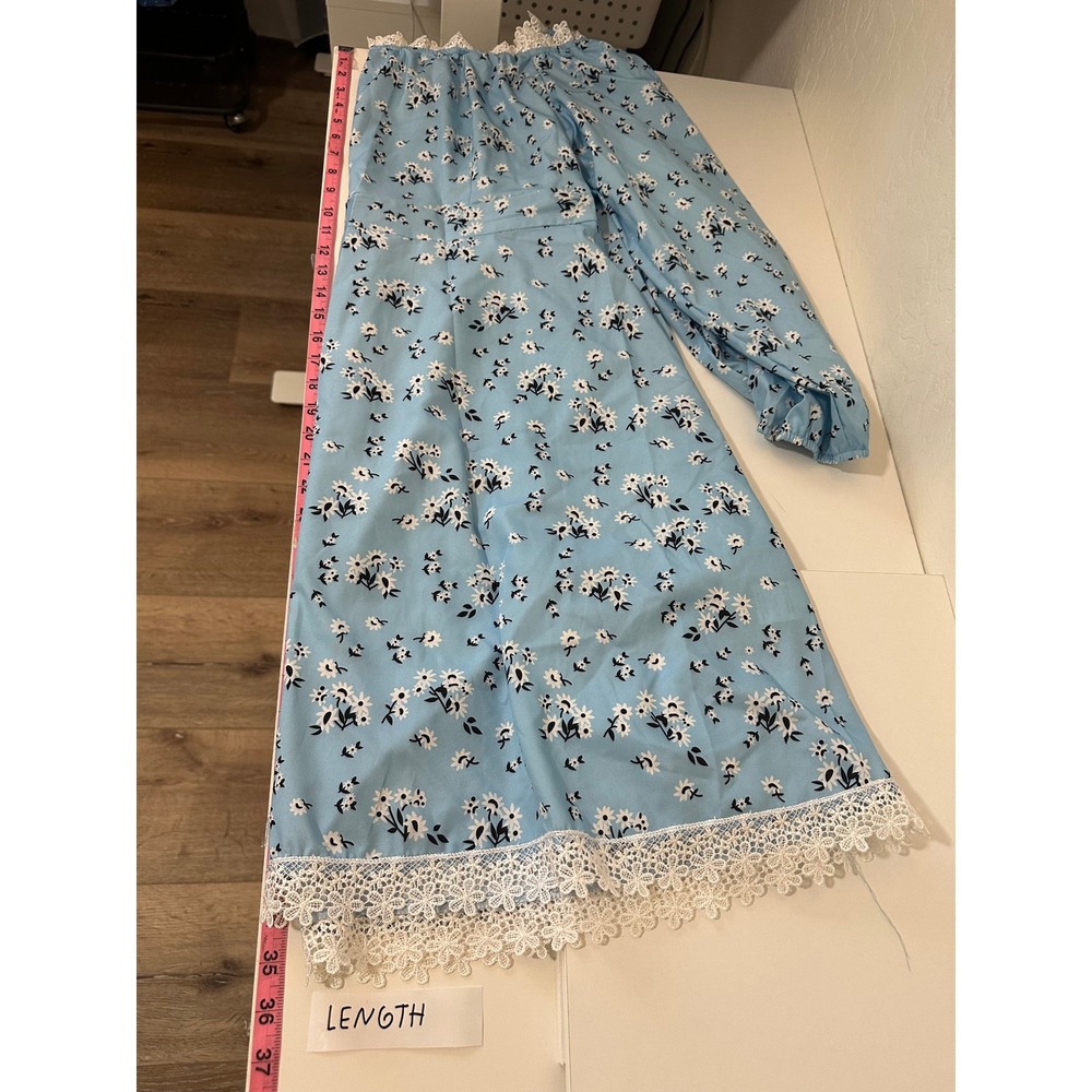 Shein Curve 3XL Blue Floral Lace Trim Mini Dress Long Sleeve Cottagecore Boho - Picture 10 of 15